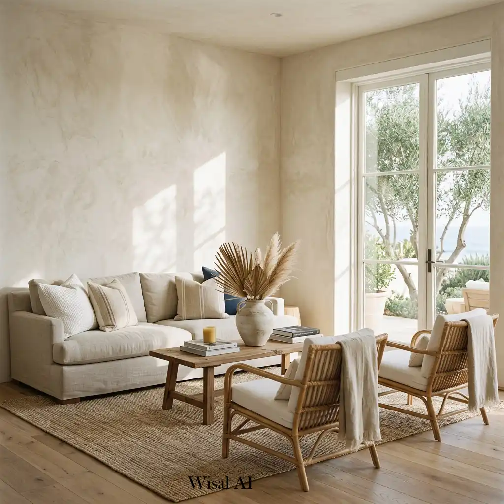 Summer living room with textured plaster walls and warm neutral tones.
