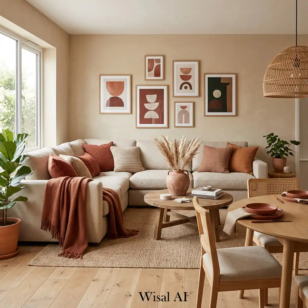 Neutral interior layered with terracotta warm accents