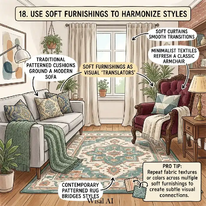 Cozy living room with mixed furniture styles harmonized using cushions, rugs, and soft textiles