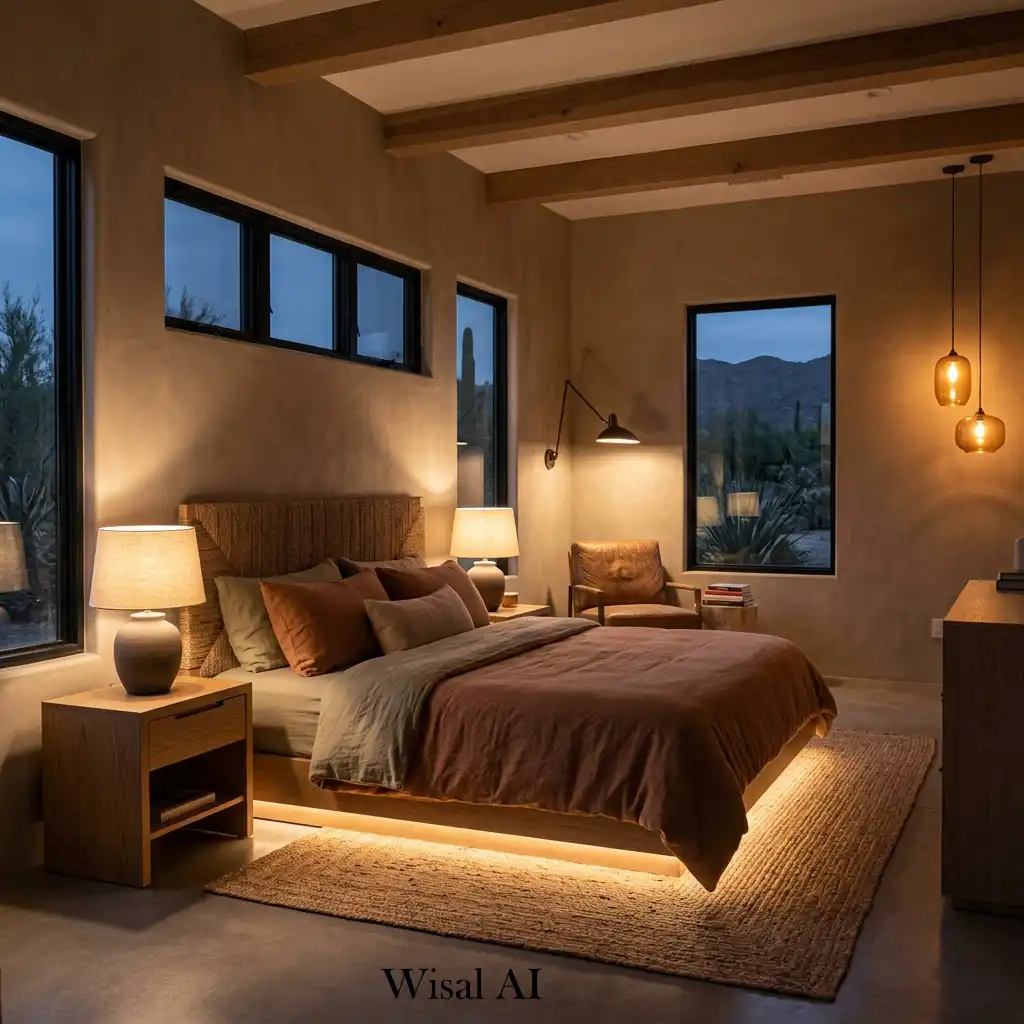 Warm ambient lighting creating cozy bedroom atmosphere