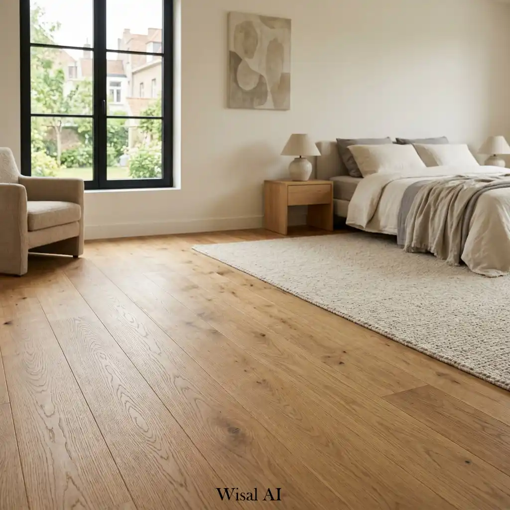 Elegant bedroom with warm oak flooring and natural wood textures