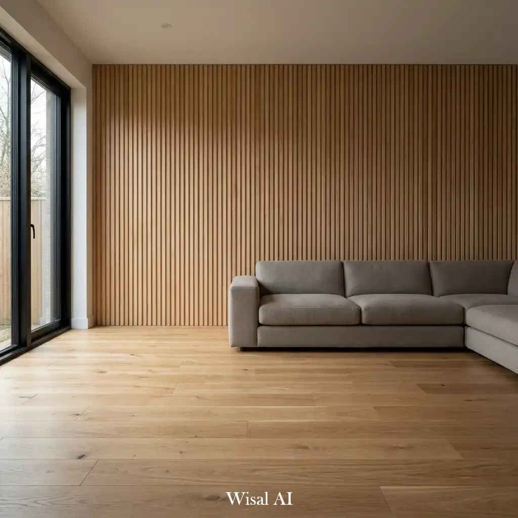 Modern living room with warm wood accents and natural material balance
