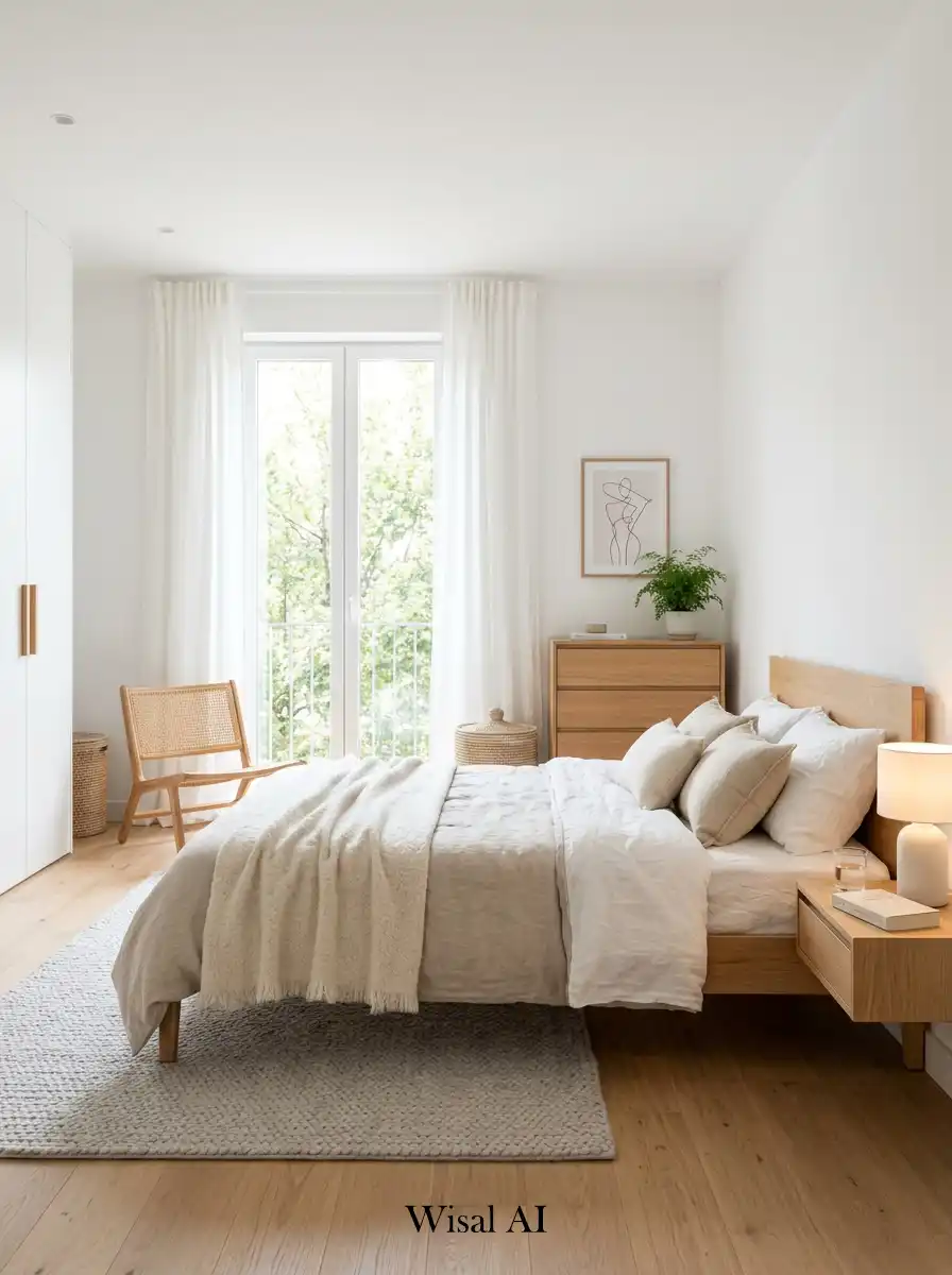 Scandinavian bedroom featuring white surfaces and natural wood textures creating a bright clean and timeless interior design.