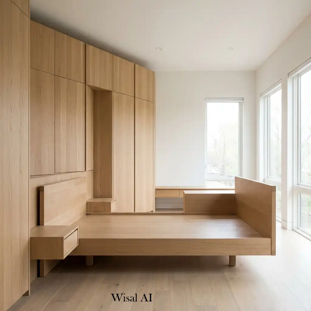 Floor-to-ceiling white oak wardrobes with integrated lighting in a contemporary bedroom.