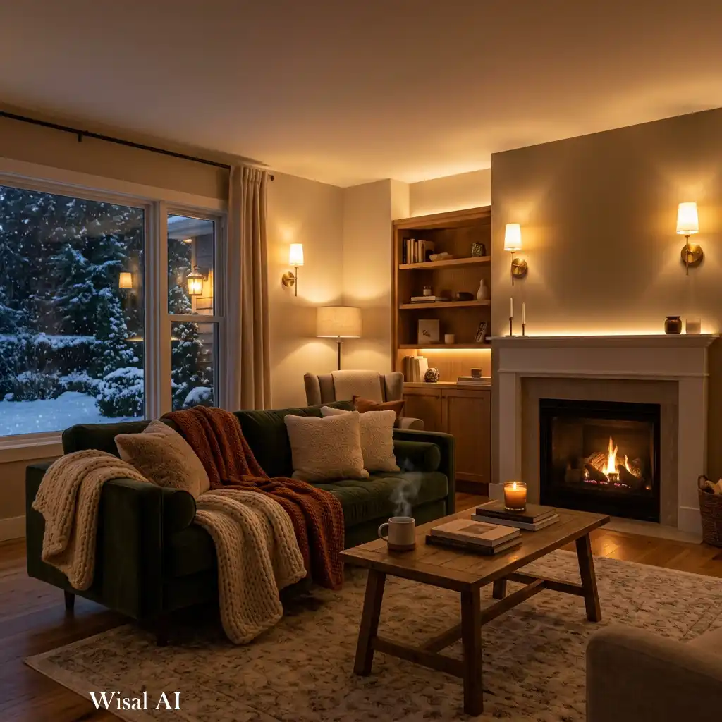 Modern living room illuminated by soft ambient wall lighting.
