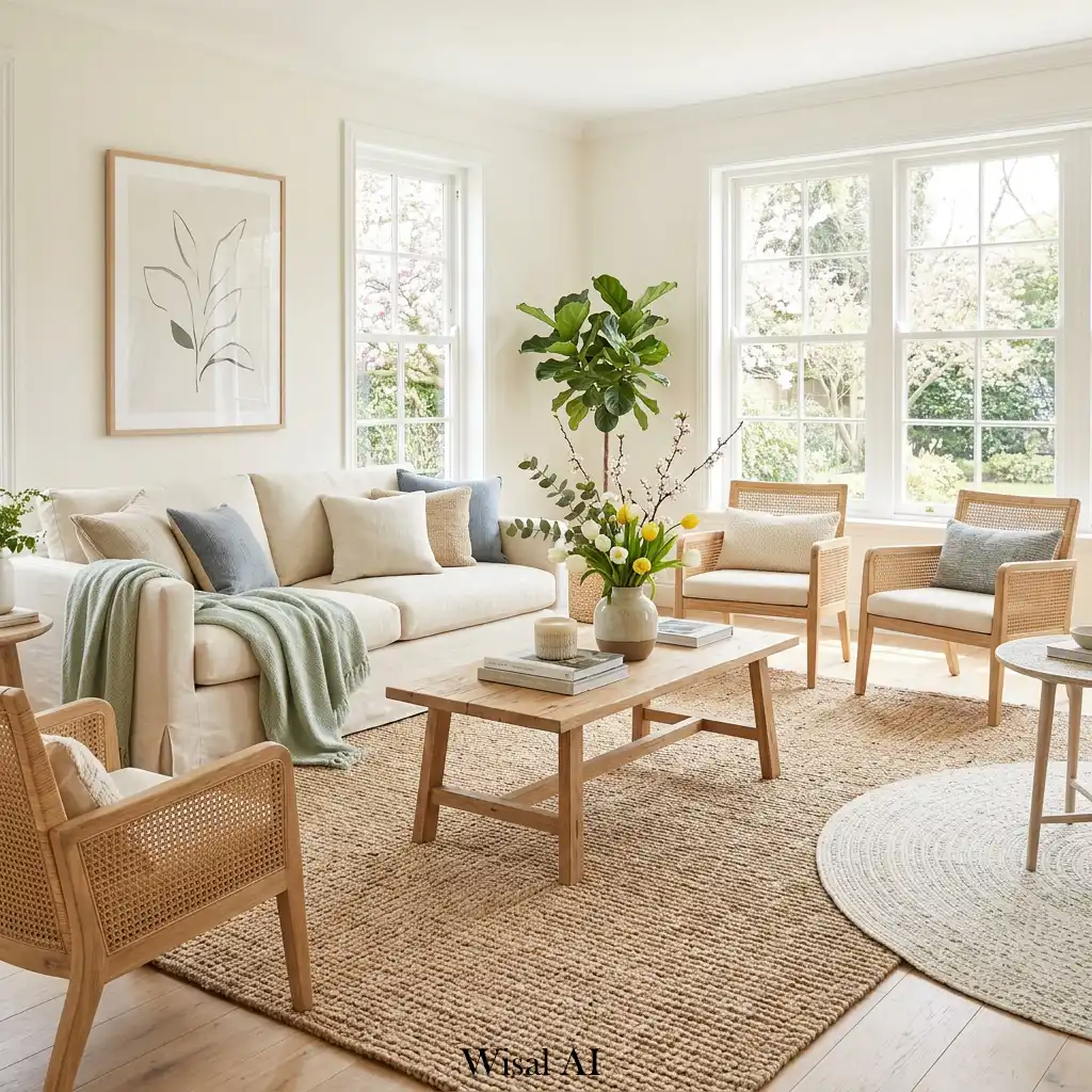 Natural fiber rug adding texture to airy spring space.
