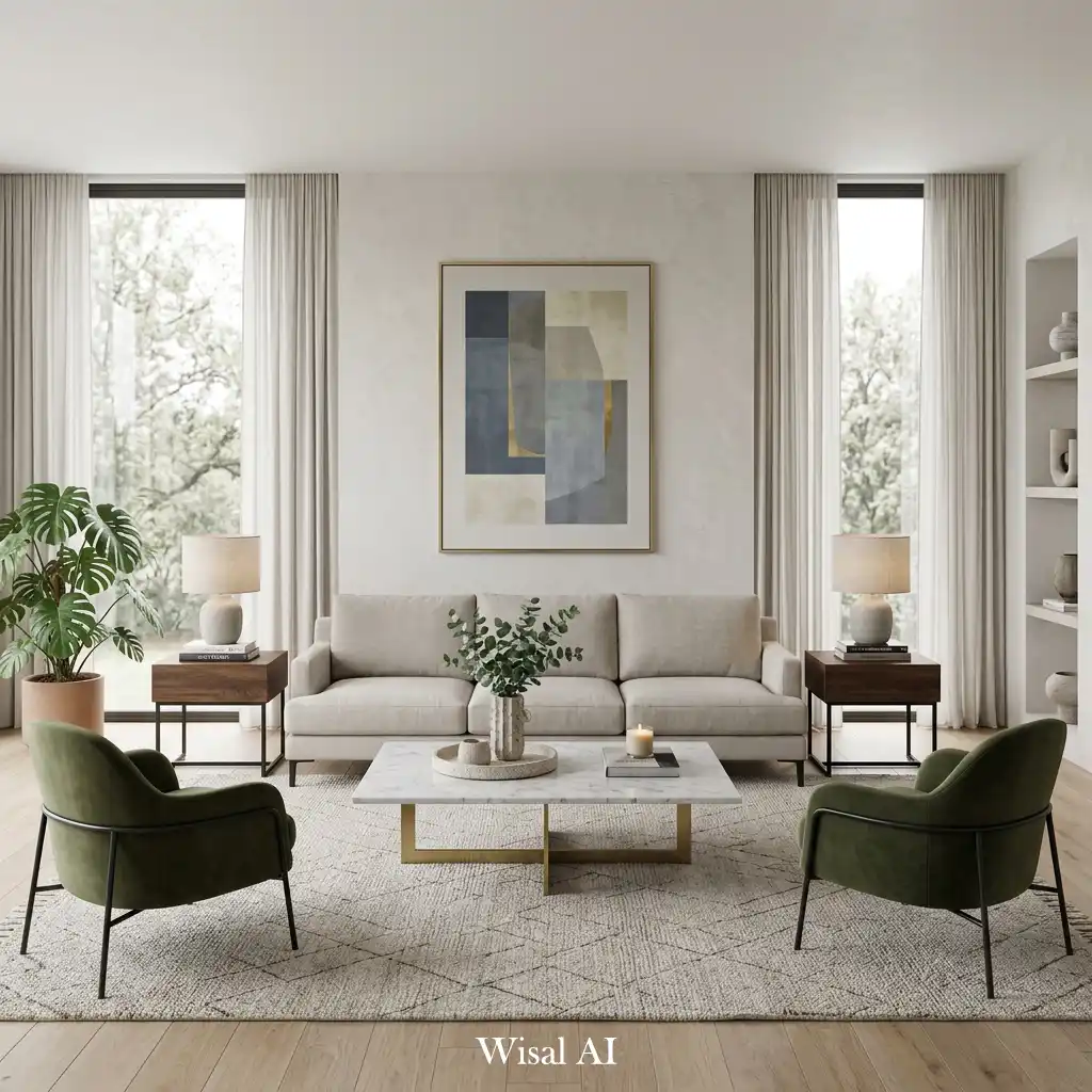 Living room with balanced layout and carefully arranged furniture elements