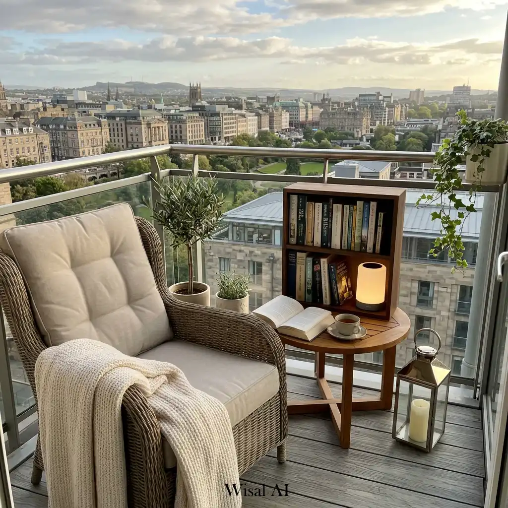 Cozy balcony reading nook overlooking a vibrant city skyline