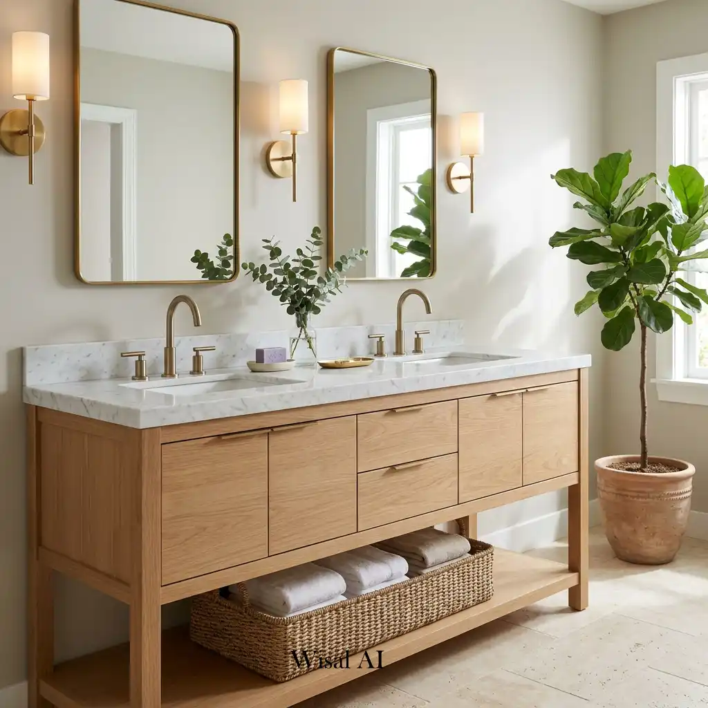Natural wood bathroom vanity with a stone countertop and brushed brass faucet.