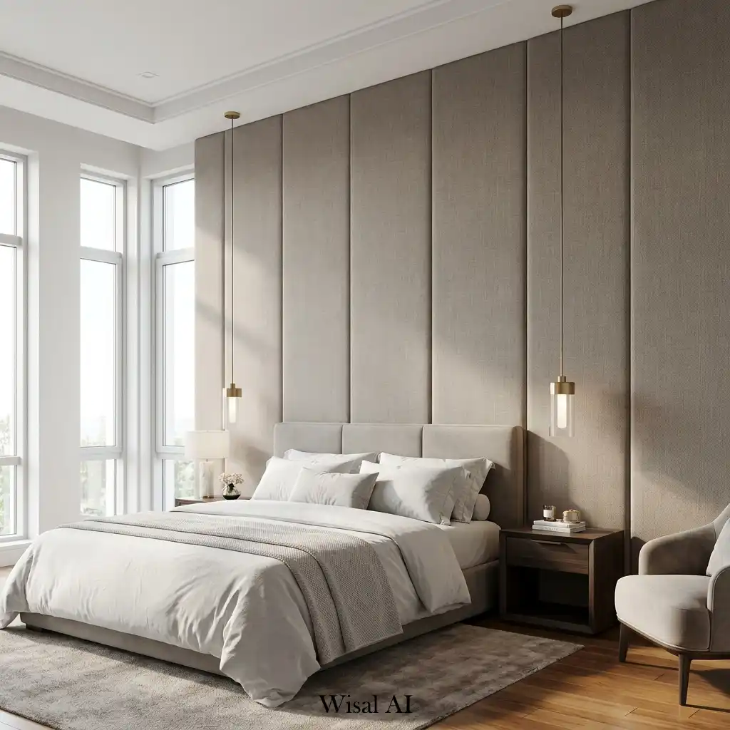 Bedroom with full-height fabric wall panels and soft textures.