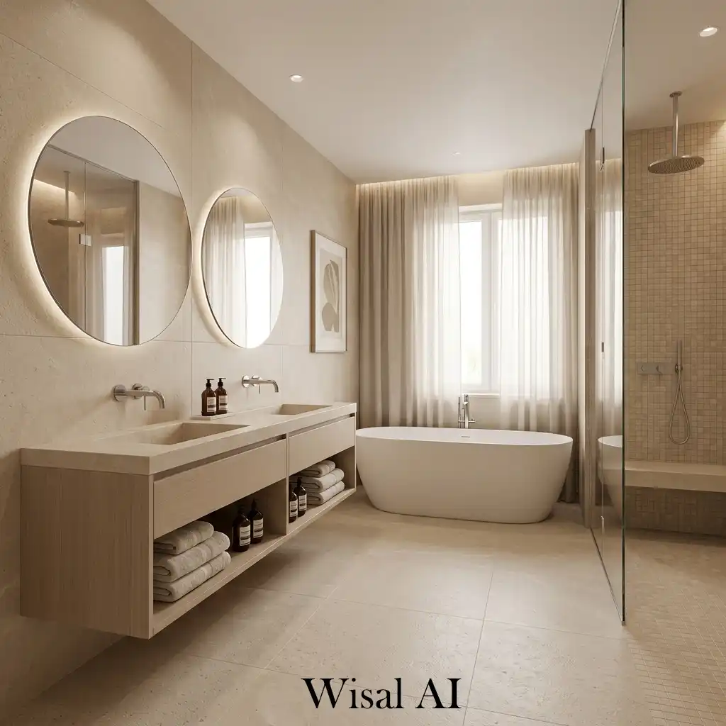 Hotel-style beige bathroom luxury minimal elegant interior