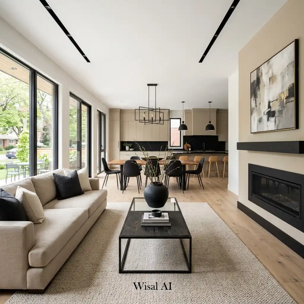 Elegant black and beige living room with modern luxury styling