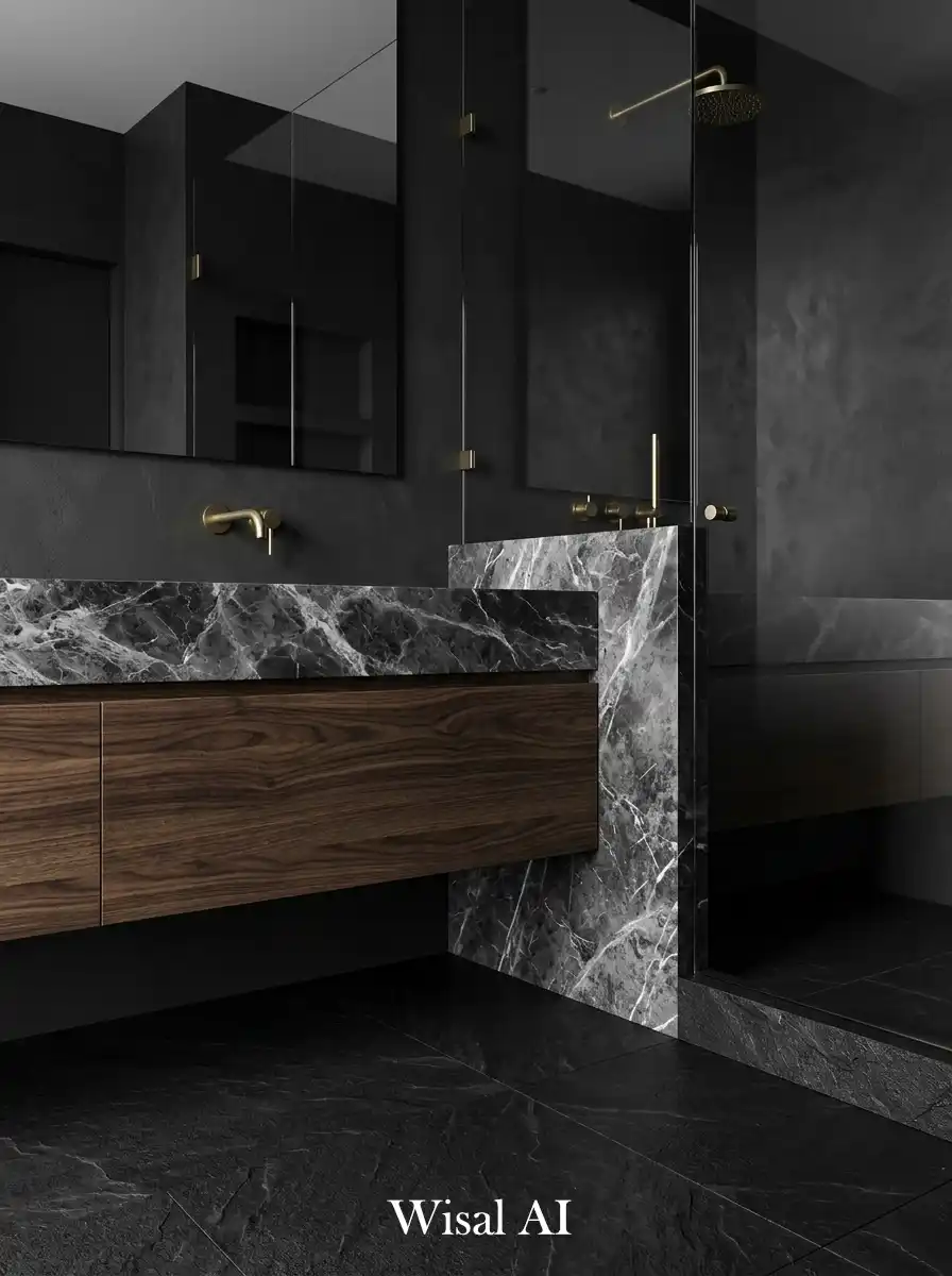 Black bathroom combining stone, glass, and wood materials for layered luxury feel.