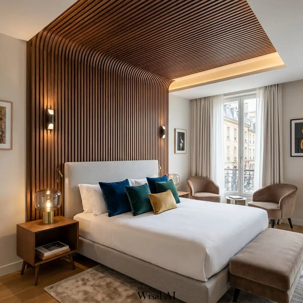 Boutique hotel bedroom with walnut slat wall design