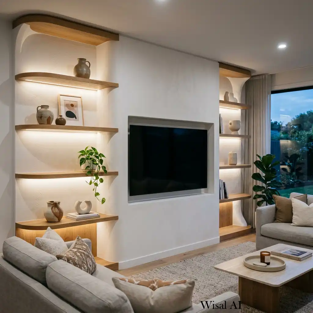 Contemporary TV wall featuring curved shelving and ambient LED lighting.