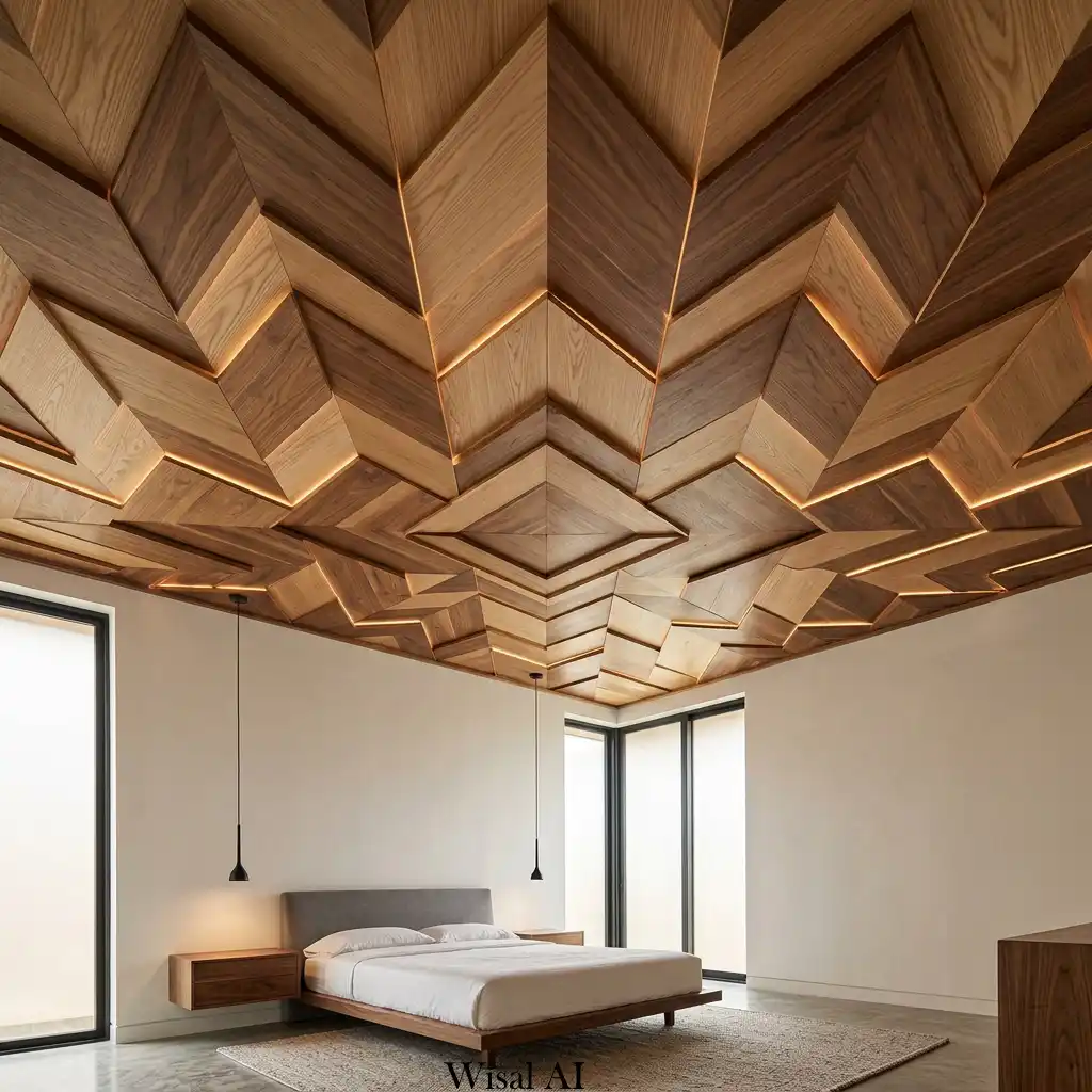 Contemporary bedroom with a geometric wood-pattern ceiling and warm natural finishes.