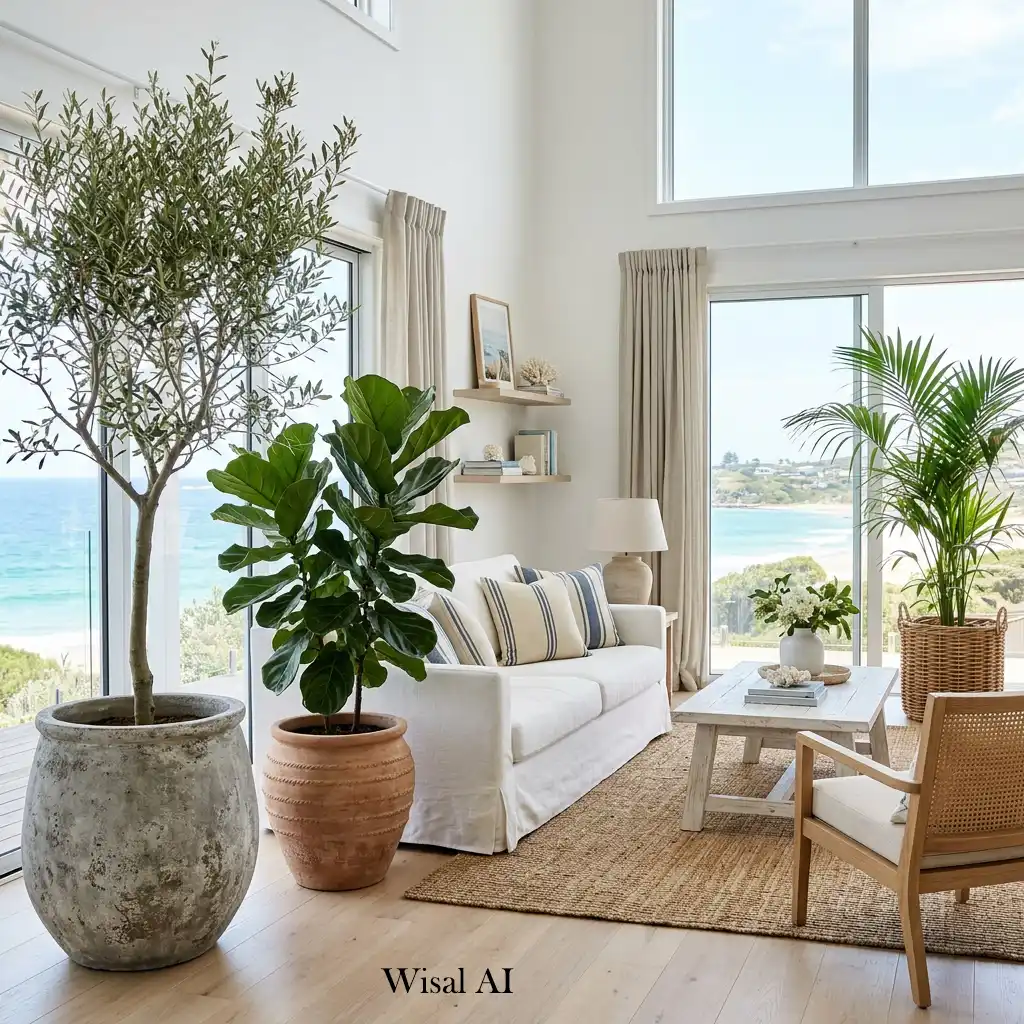 Coastal-inspired living room styled with oversized indoor plants.