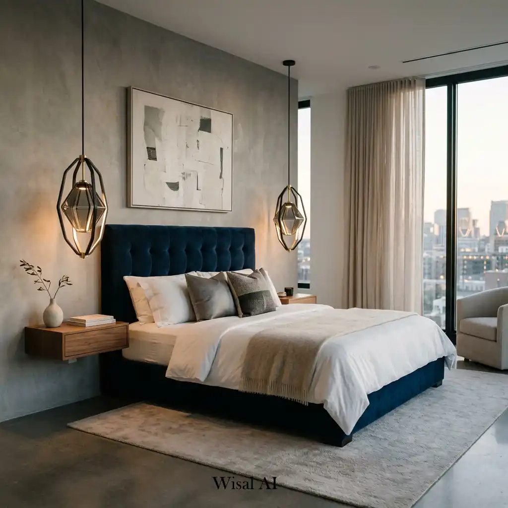 Modern bedroom featuring designer pendant lights suspended beside the bed