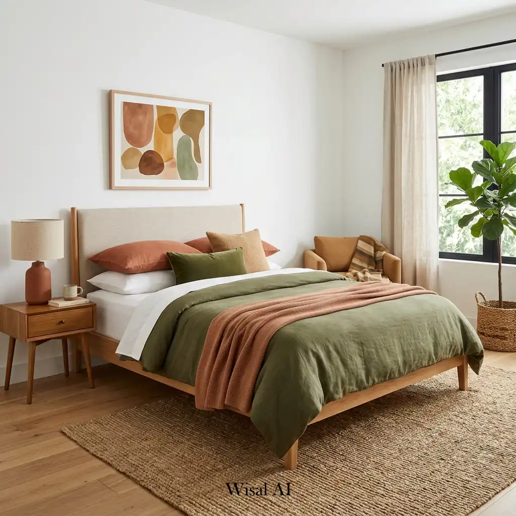 Cozy bedroom with earthy color accents and natural materials.