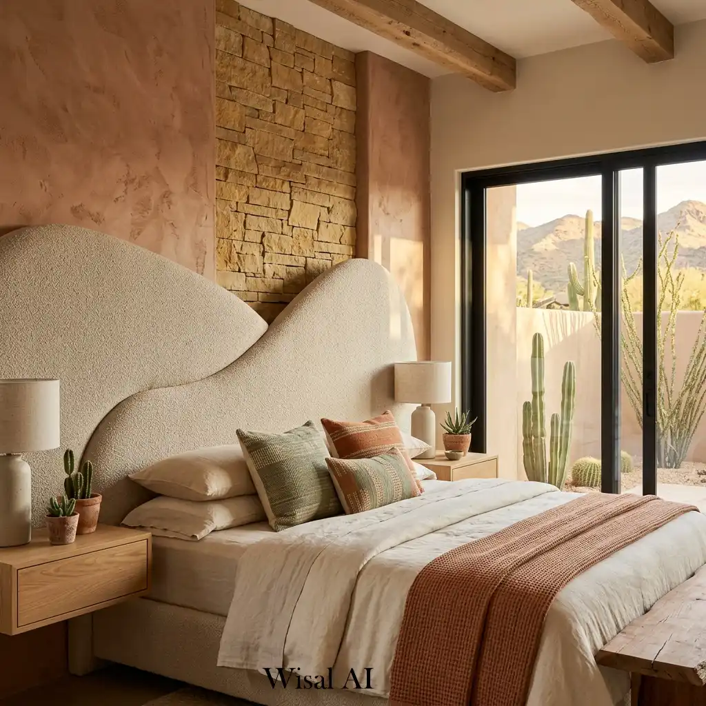 Curved upholstered headboard in organic luxury space