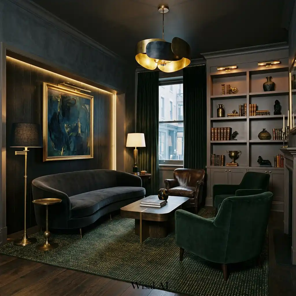 Dark luxury living room with rich textures and dramatic atmosphere