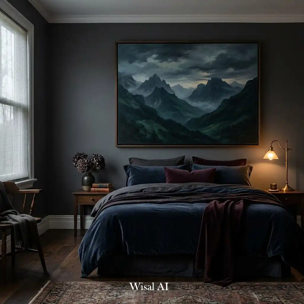 Moody bedroom featuring dramatic landscape artwork and rich textures.