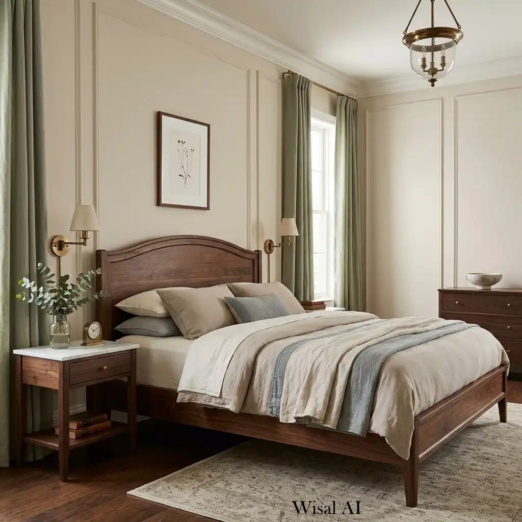 European-inspired bedroom with dark wood furniture and marble details.