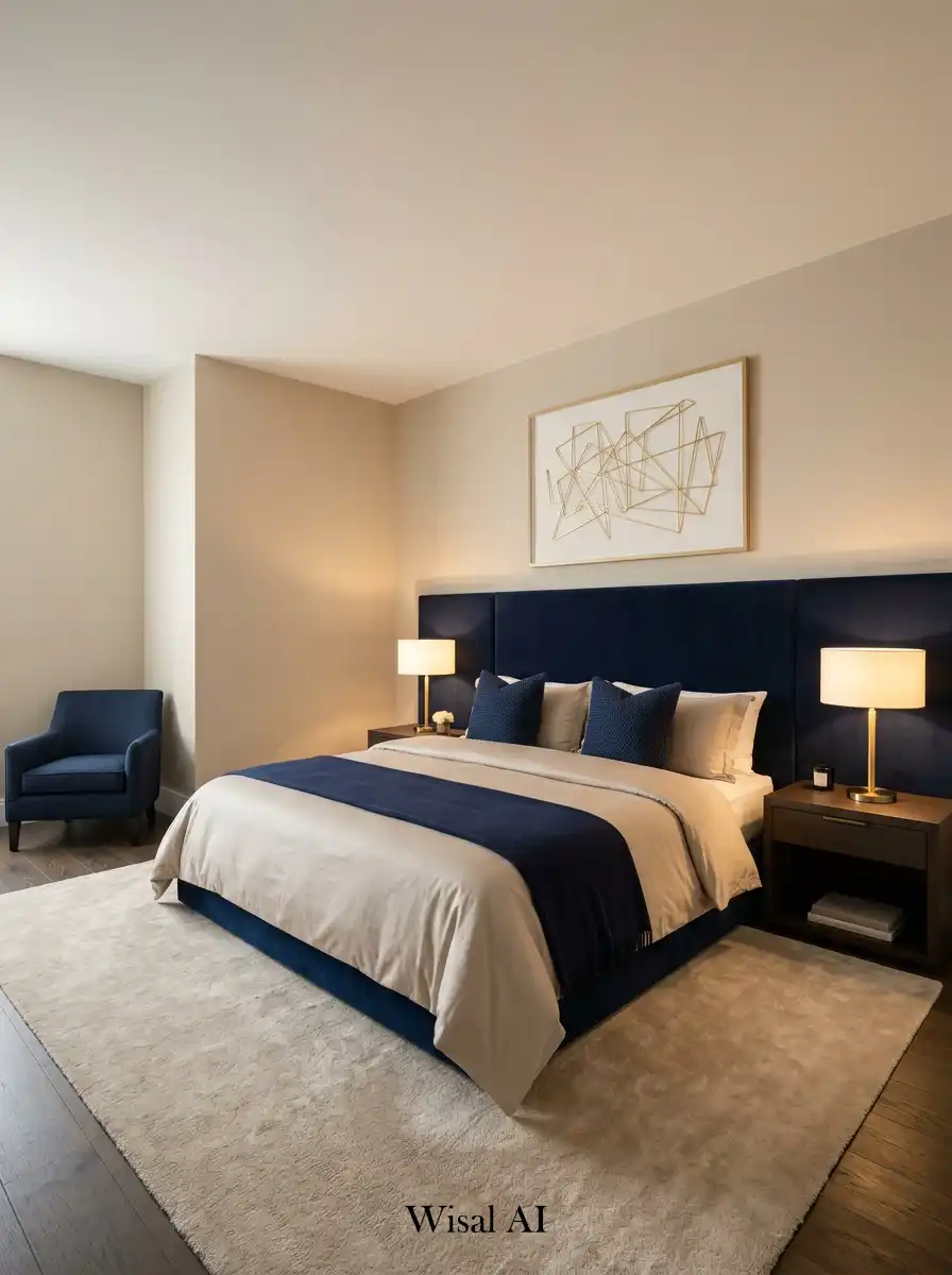 Elegant bedroom combining deep navy accents with soft beige tones creating a refined modern luxury hotel inspired interior.
