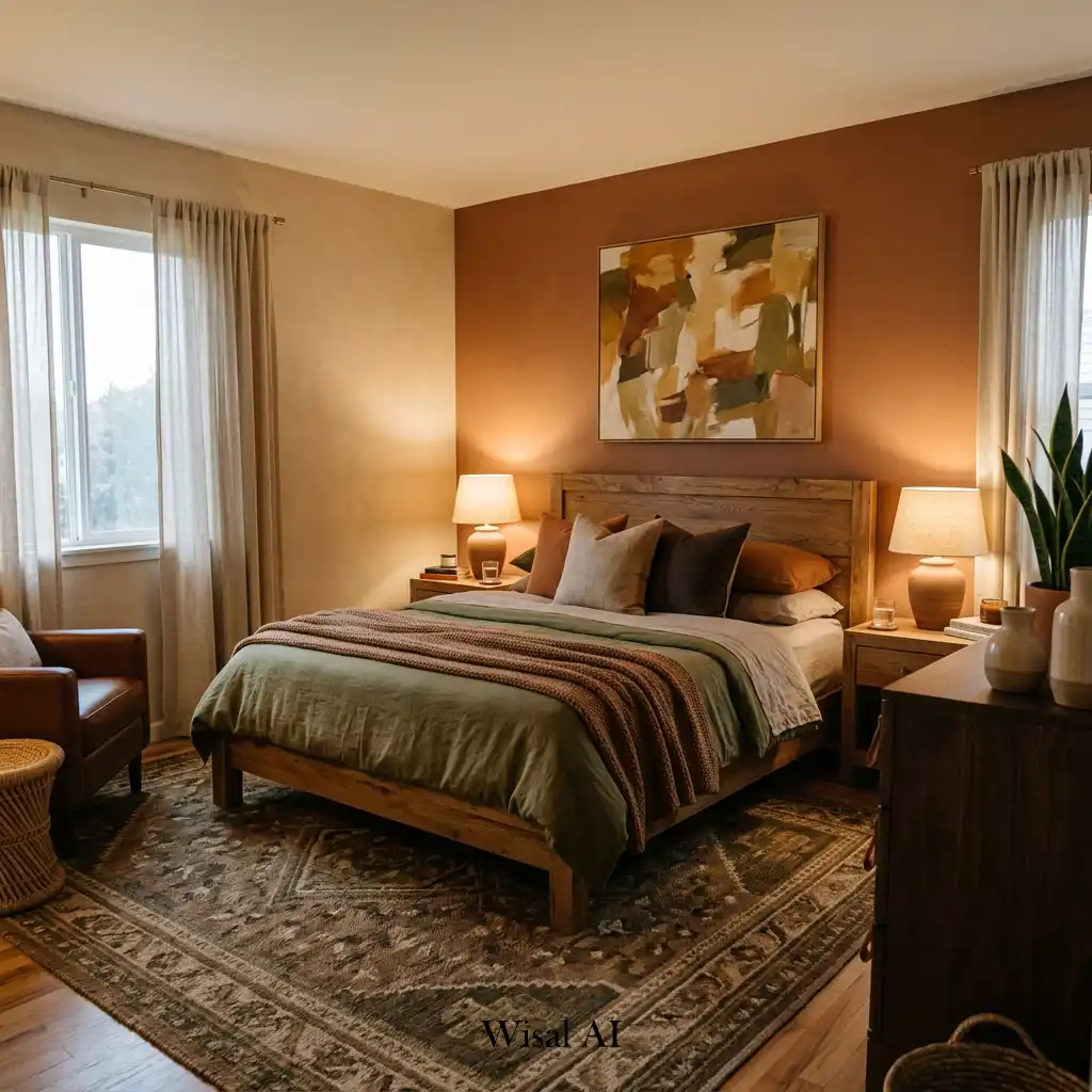 Master bedroom featuring earth-tone colors and warm organic textures