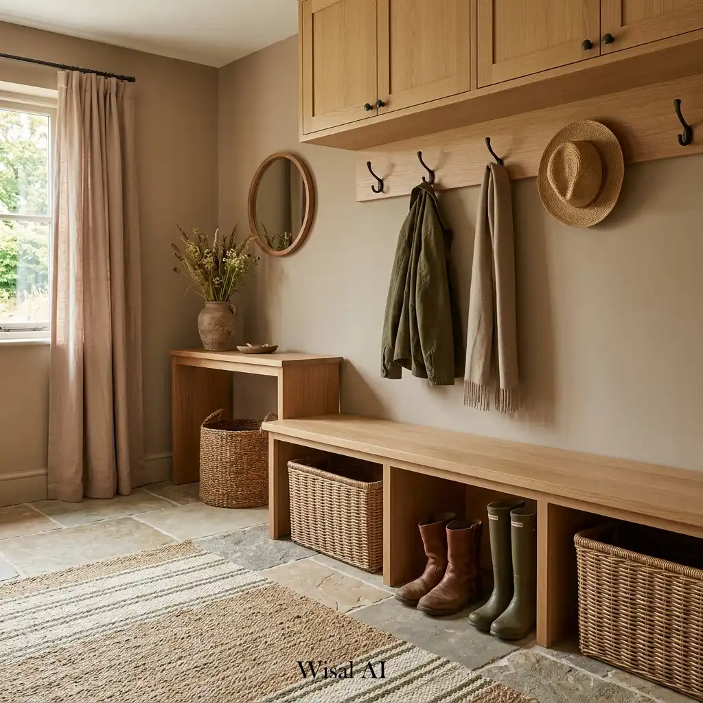 Earth-tone mudroom featuring warm colors, natural materials, and cozy design