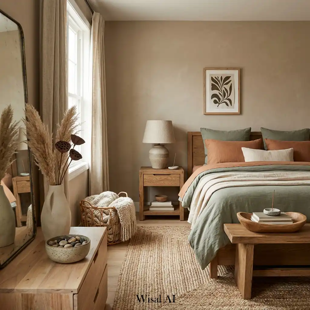 Organic decorative accents creating an earthy elegant bedroom design.