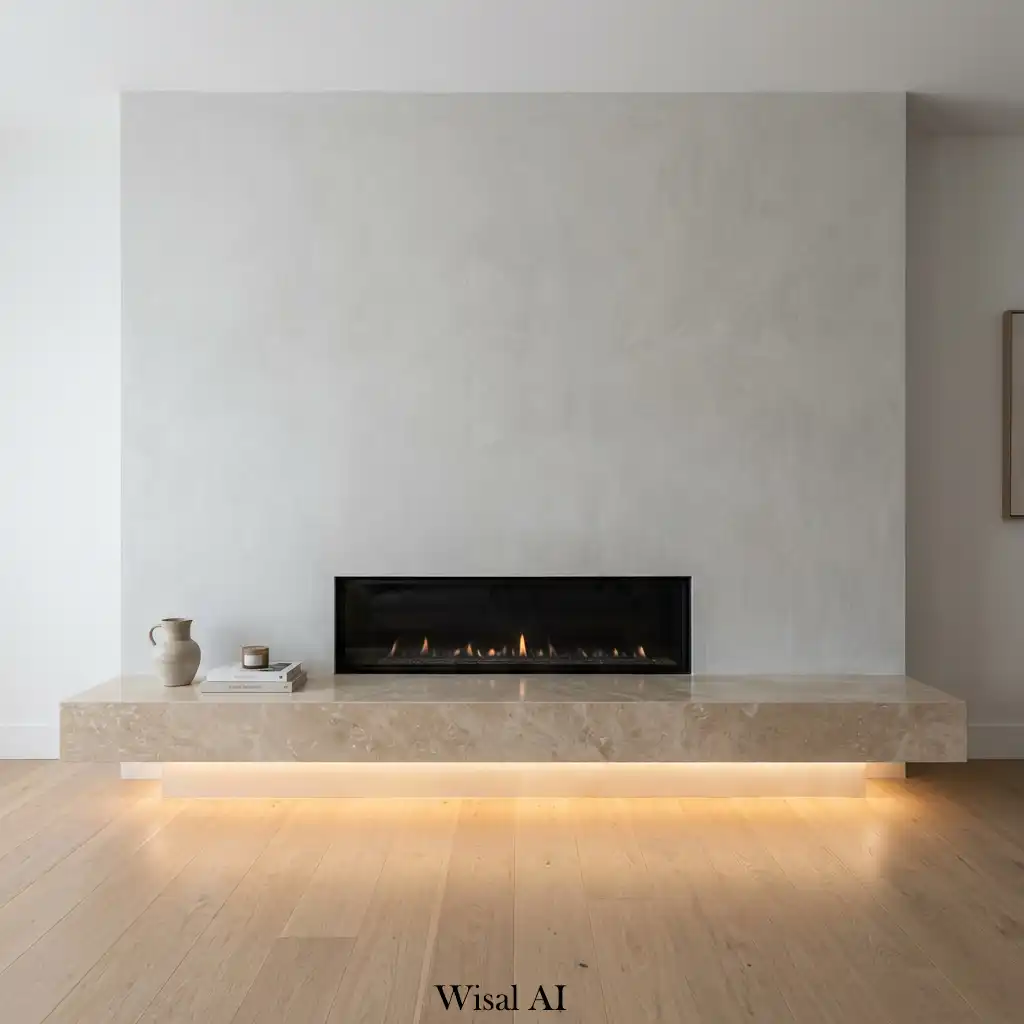 Contemporary fireplace featuring a floating stone hearth and minimalist design