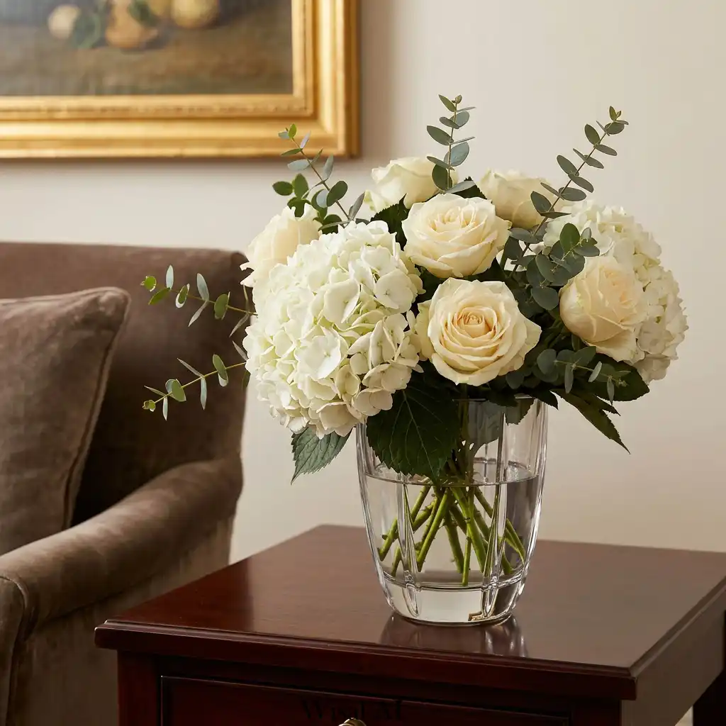 Fresh flowers in elegant old money bedroom decor