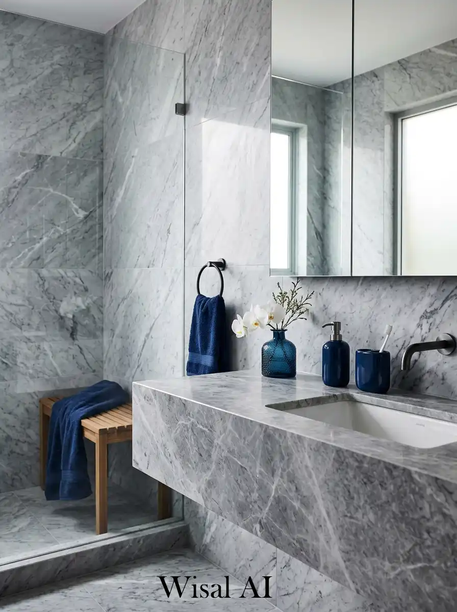 Grey marble bathroom with deep blue luxury accents