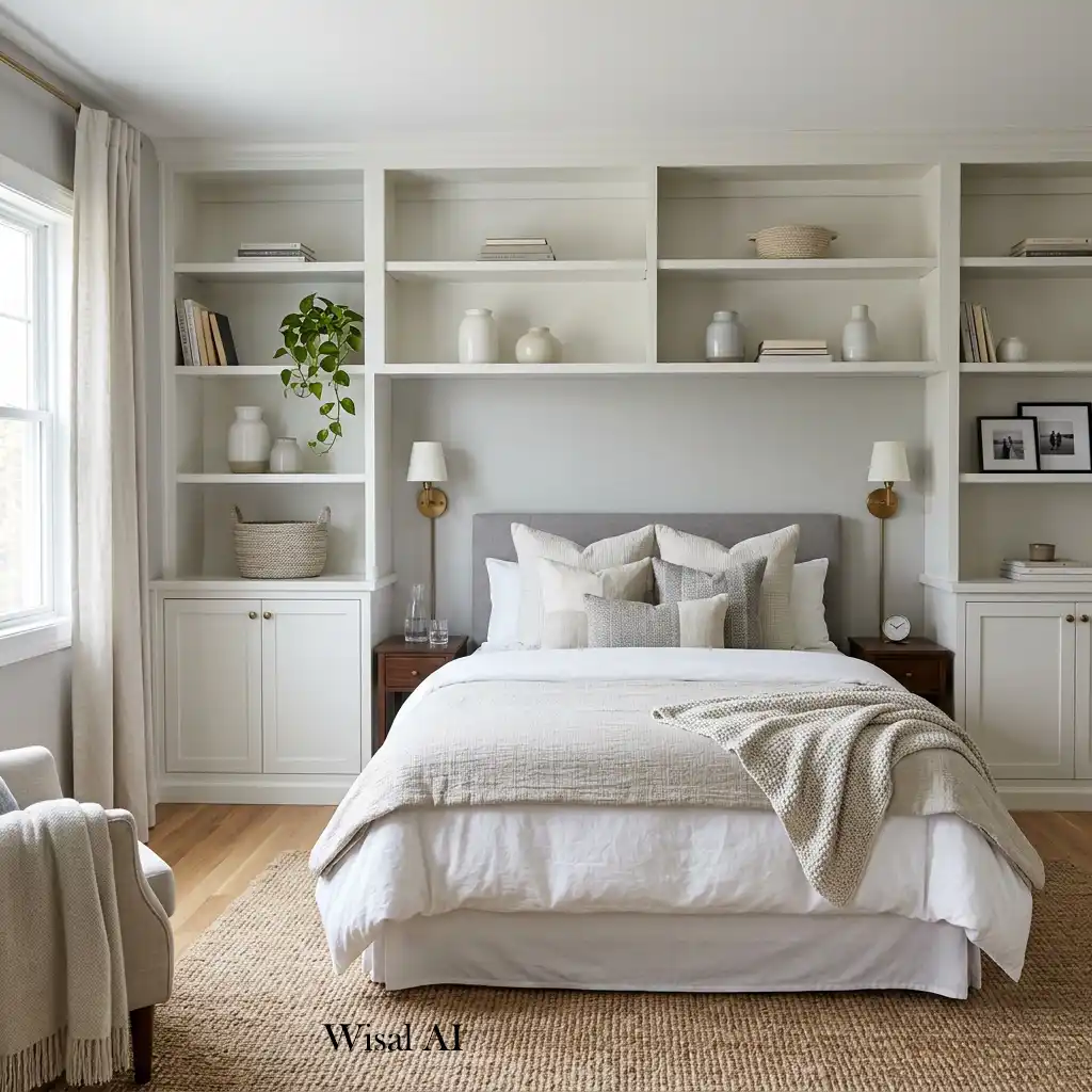Guest bedroom featuring built-in shelving and decorative storage.