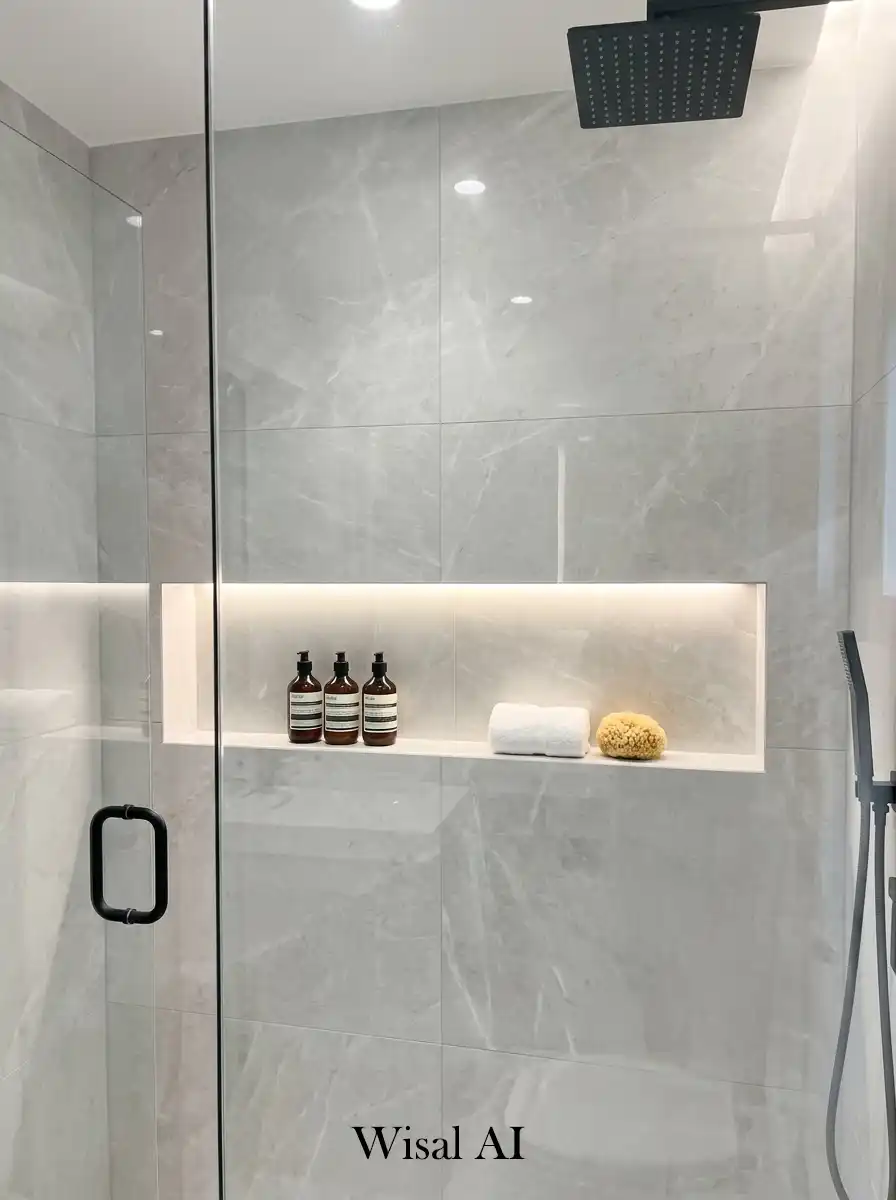 Modern shower niche bathroom with seamless storage and luxury hotel-inspired details
