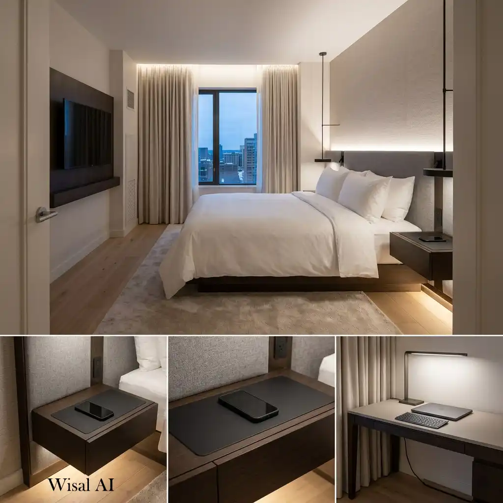 Hidden cable management and wireless charging in a clean bedroom.