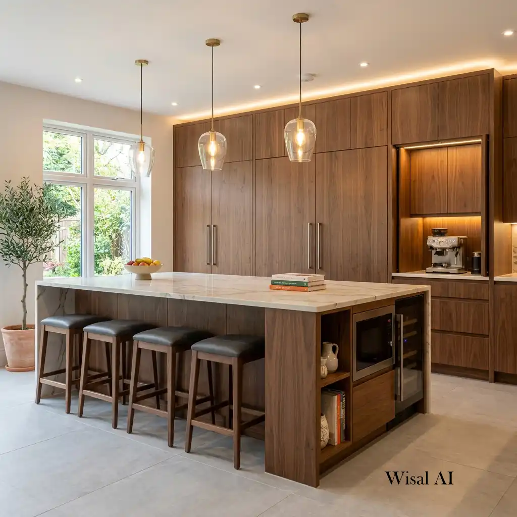 Kitchen island positioned in front of floor-to-ceiling storage cabinets with built-in seating.