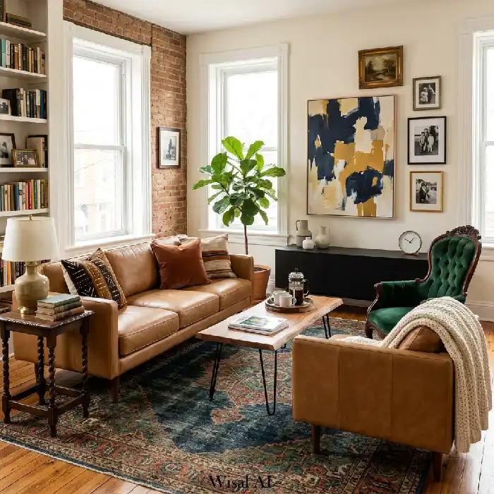 Interior design blending furniture from different eras such as mid-century and vintage styles
