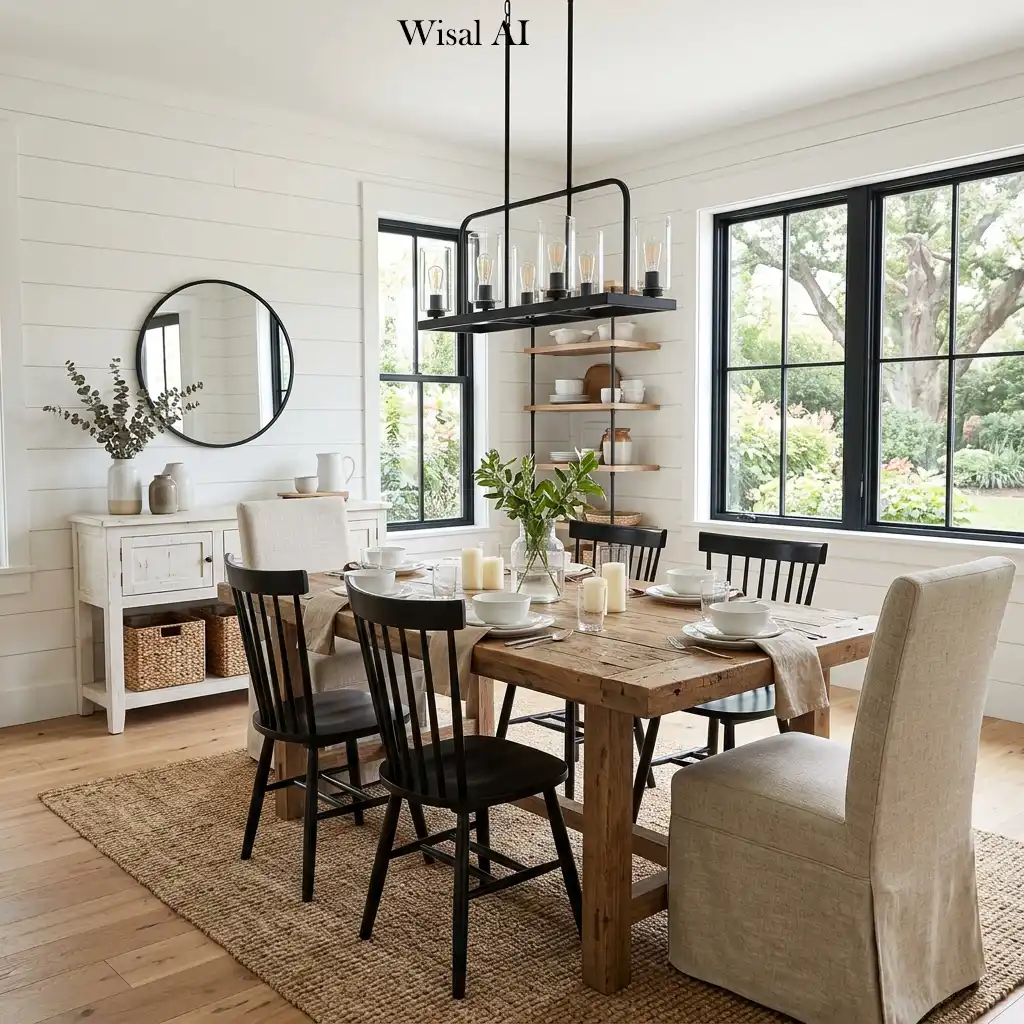Modern farmhouse dining room with a rustic wood table and contemporary details