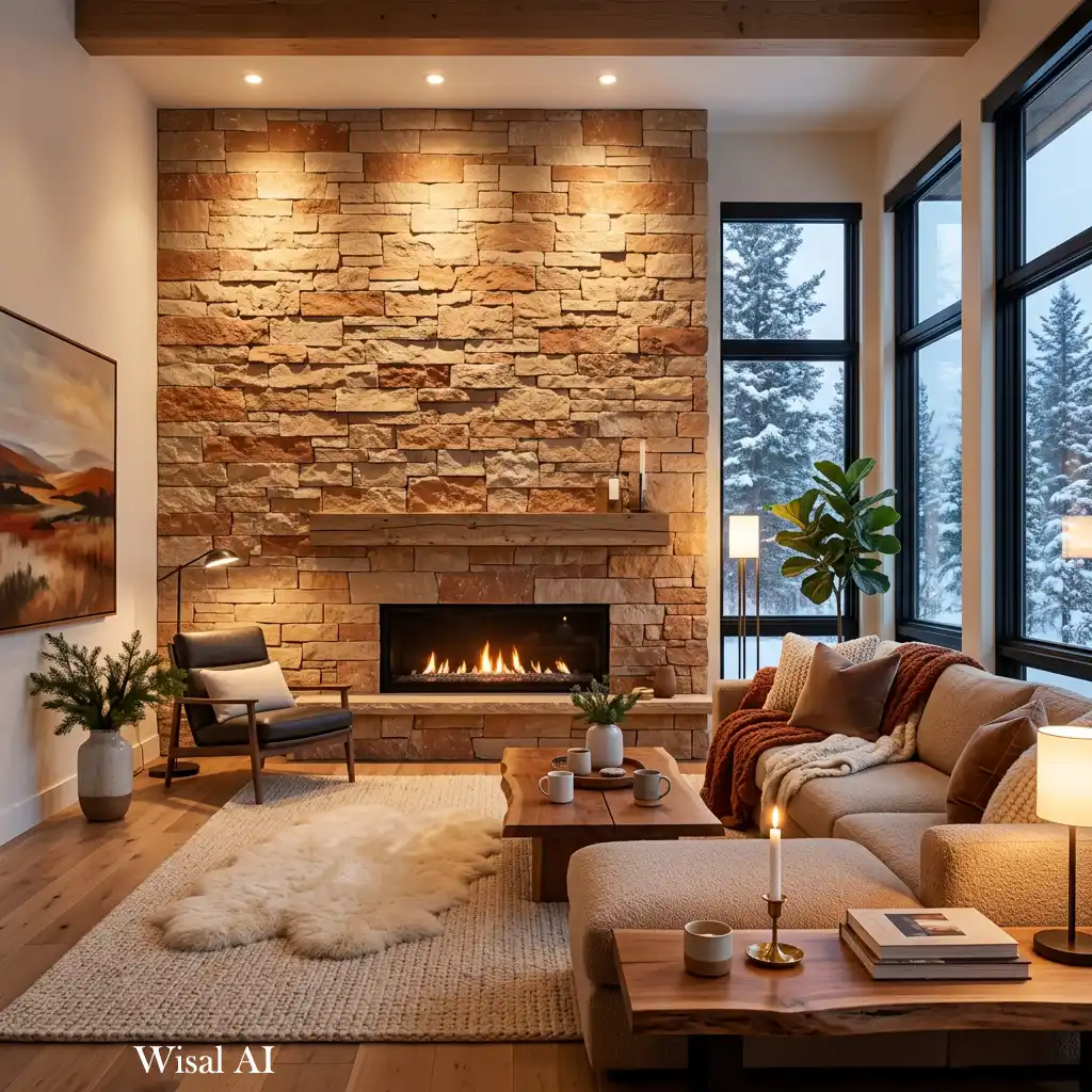 Luxury winter living room featuring a textured natural stone feature wall.