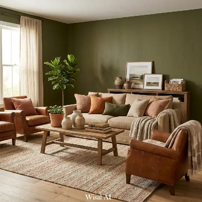 Olive green living room with layered earth tones, terracotta accents, and natural textures