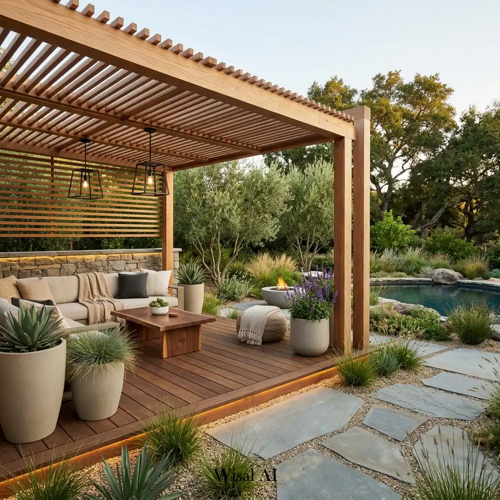 Organic modern backyard combining natural materials, neutral colors, and contemporary style