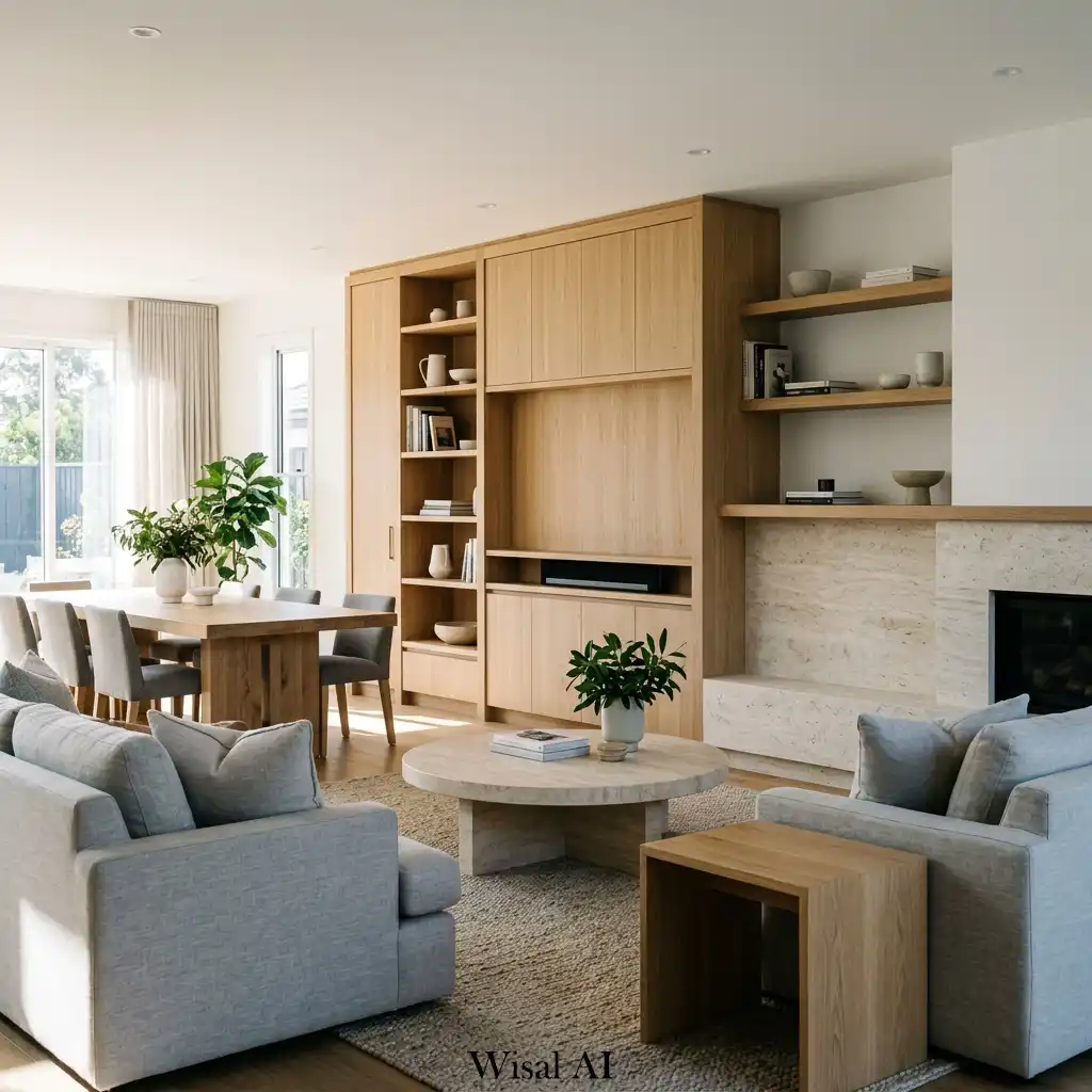 Coordinated white oak and travertine finishes throughout the space.