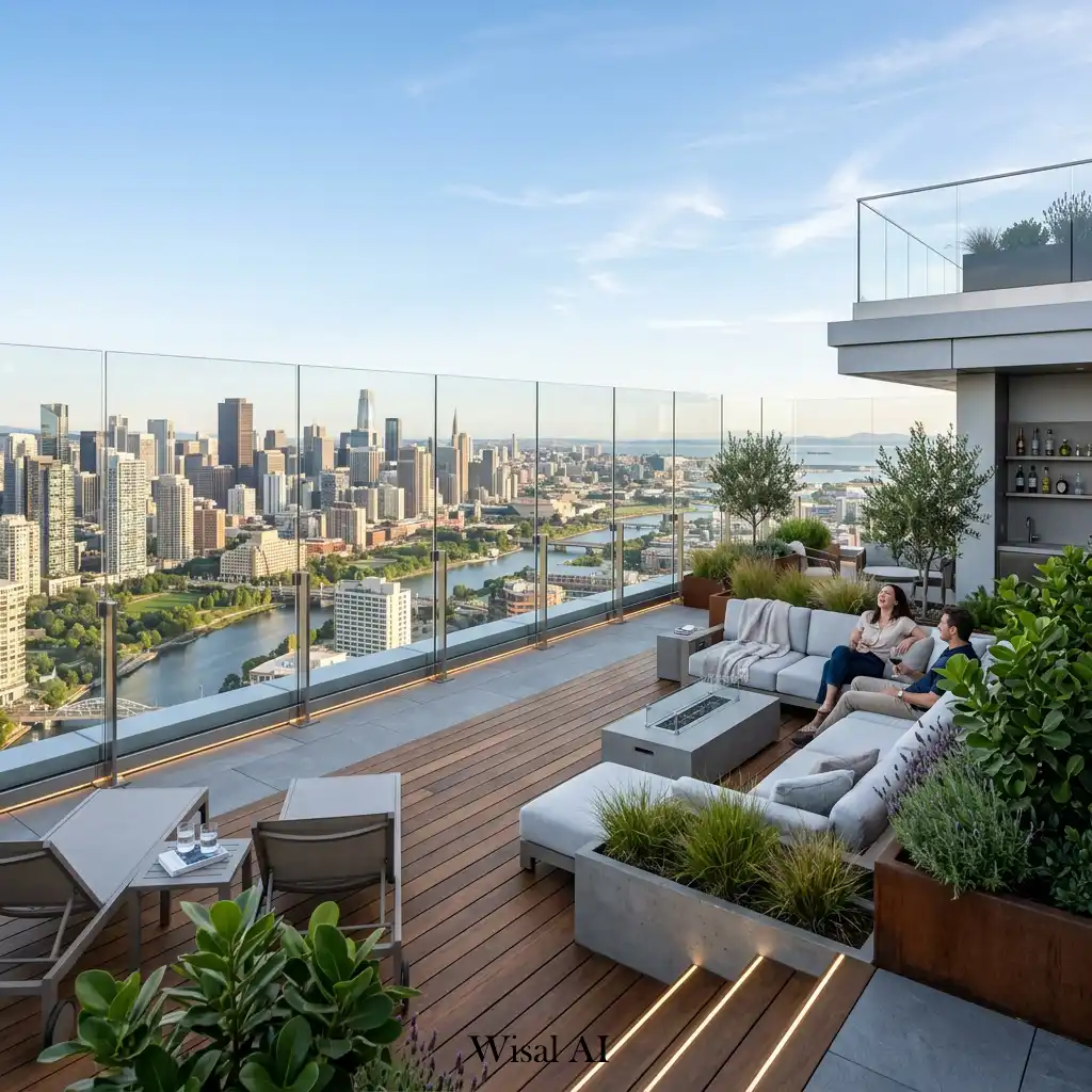 Luxury rooftop terrace with frameless glass railings and panoramic city views