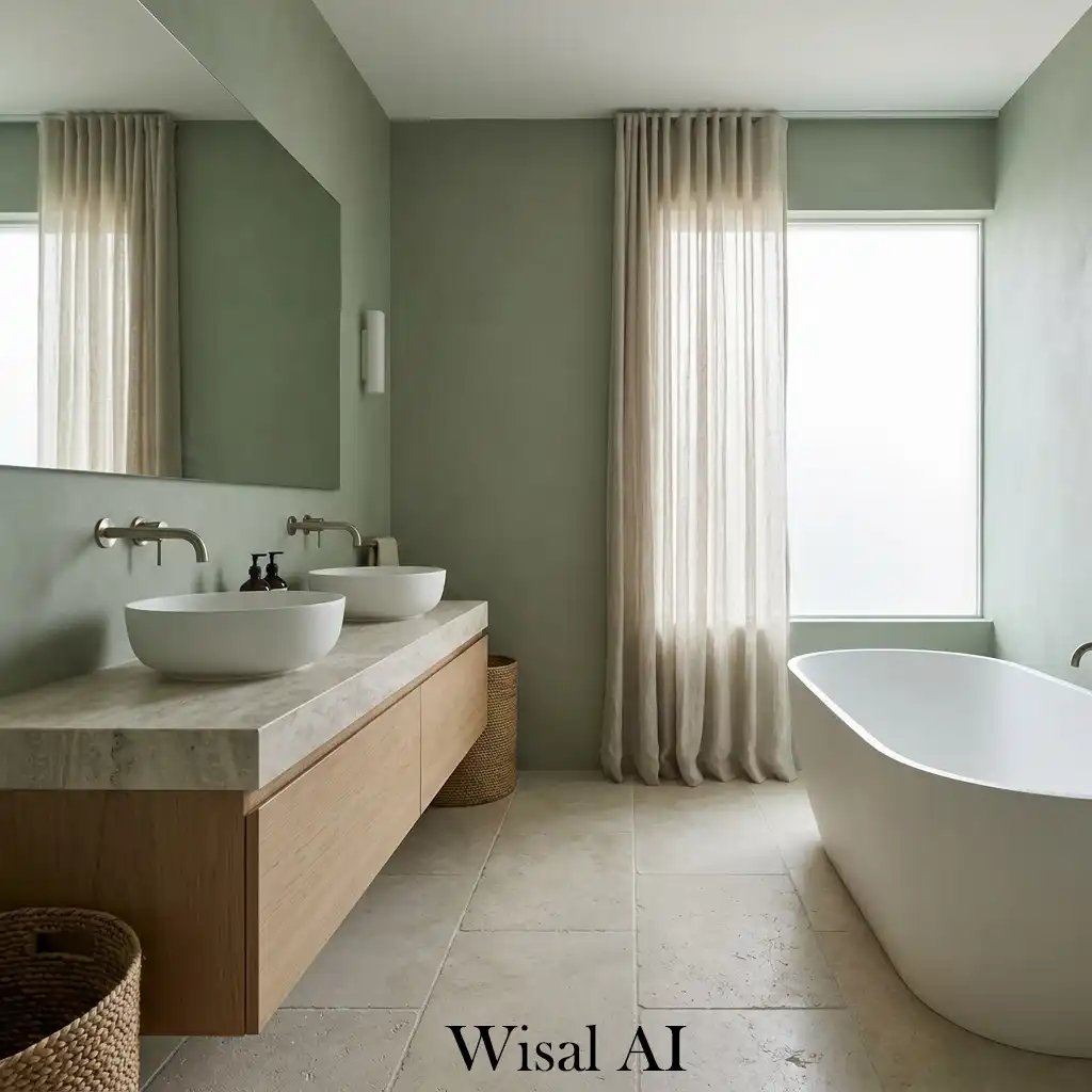 Layered neutral textures with sage green bathroom decor