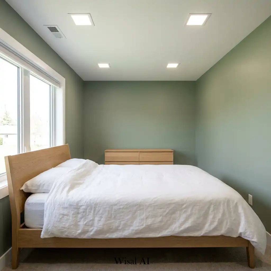 Sage green bedroom with layered lighting highlighting white oak furniture.