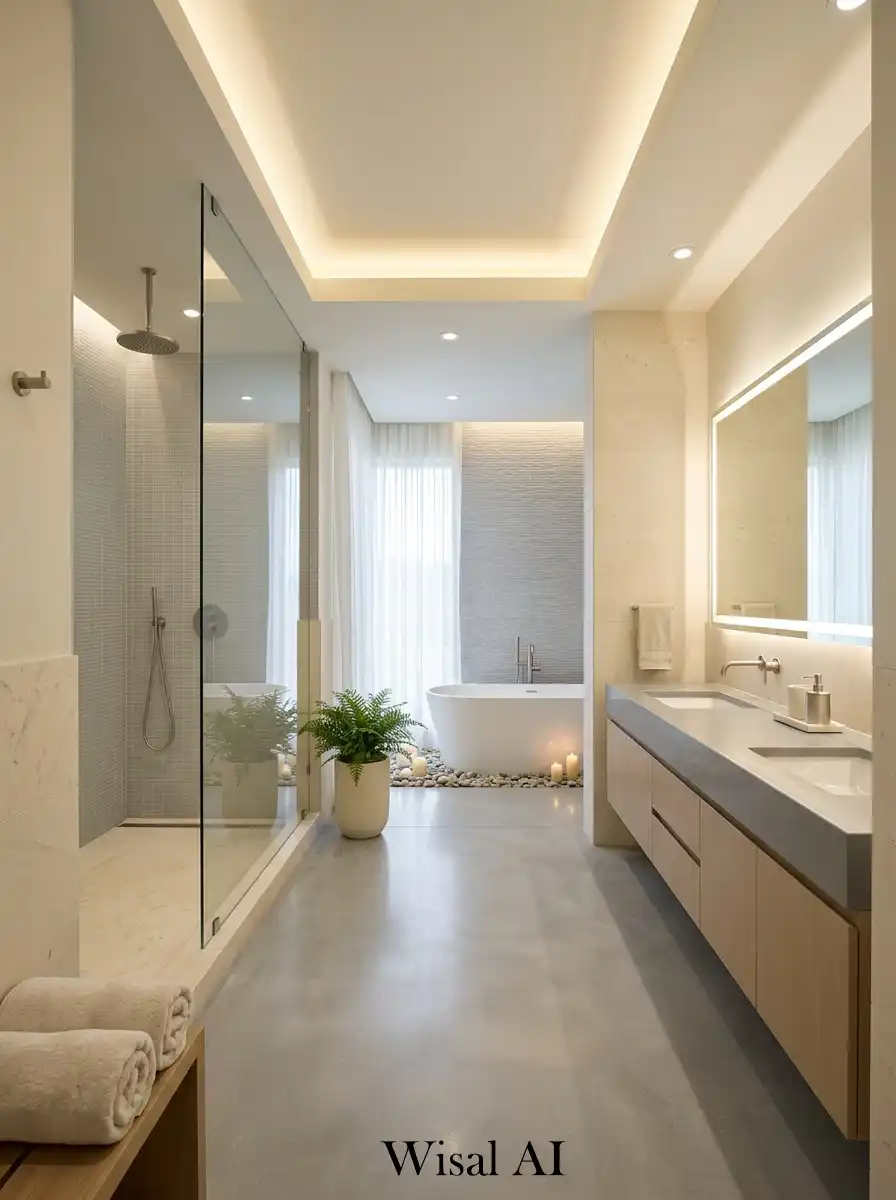 Organic bathroom with sand beige tones and natural linen-inspired textures.