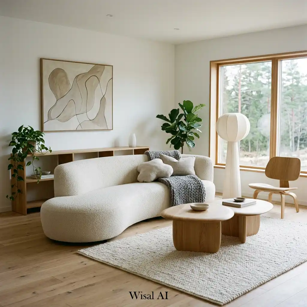 Modern interior with curved furniture and organic Scandinavian shapes