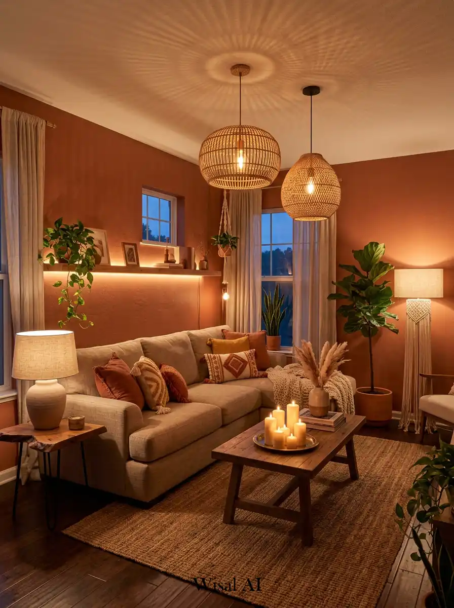19. Soft Boho Lighting Terracotta Living Room Concept